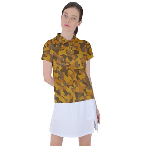 Brown And Orange Camouflage Women s Polo Tee by SpinnyChairDesigns