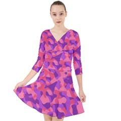 Pink And Purple Camouflage Quarter Sleeve Front Wrap Dress by SpinnyChairDesigns