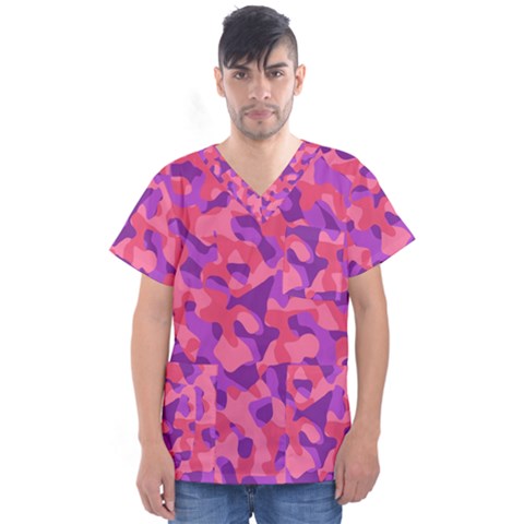 Pink And Purple Camouflage Men s V-neck Scrub Top by SpinnyChairDesigns