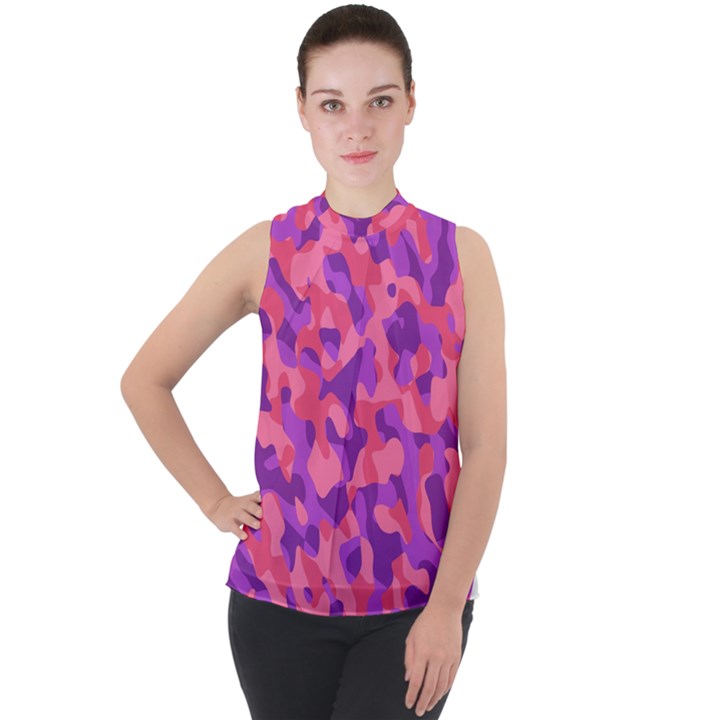 Pink and Purple Camouflage Mock Neck Chiffon Sleeveless Top