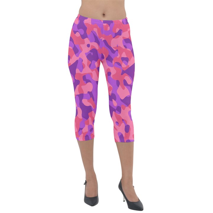 Pink and Purple Camouflage Lightweight Velour Capri Leggings 