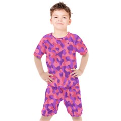 Pink And Purple Camouflage Kids  Tee And Shorts Set by SpinnyChairDesigns