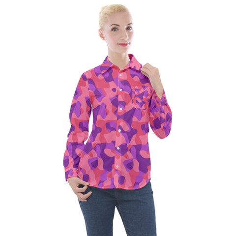 Pink And Purple Camouflage Women s Long Sleeve Pocket Shirt by SpinnyChairDesigns