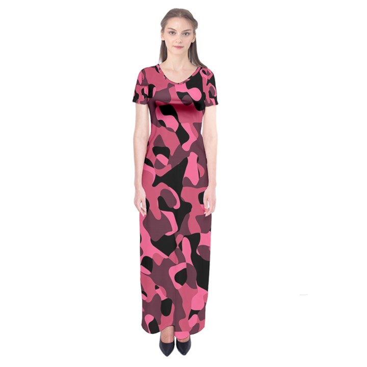 Black and Pink Camouflage Pattern Short Sleeve Maxi Dress