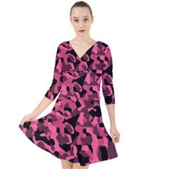 Black And Pink Camouflage Pattern Quarter Sleeve Front Wrap Dress by SpinnyChairDesigns