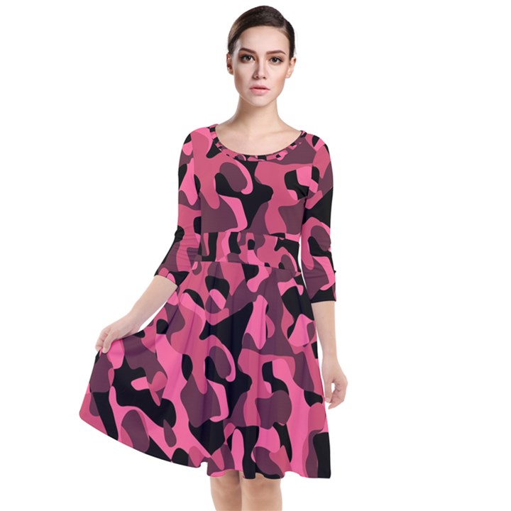 Black and Pink Camouflage Pattern Quarter Sleeve Waist Band Dress