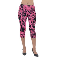 Black And Pink Camouflage Pattern Lightweight Velour Capri Leggings  by SpinnyChairDesigns