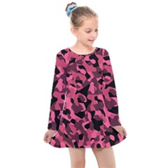 Black And Pink Camouflage Pattern Kids  Long Sleeve Dress by SpinnyChairDesigns