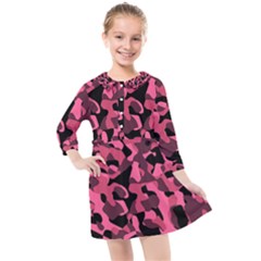 Black And Pink Camouflage Pattern Kids  Quarter Sleeve Shirt Dress by SpinnyChairDesigns