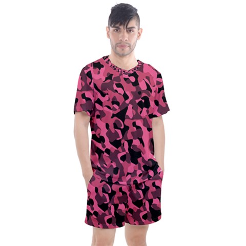 Black And Pink Camouflage Pattern Men s Mesh Tee And Shorts Set by SpinnyChairDesigns