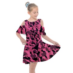 Black And Pink Camouflage Pattern Kids  Shoulder Cutout Chiffon Dress by SpinnyChairDesigns