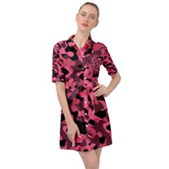 Black And Pink Camouflage Pattern Belted Shirt Dress by SpinnyChairDesigns