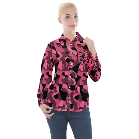 Black And Pink Camouflage Pattern Women s Long Sleeve Pocket Shirt by SpinnyChairDesigns