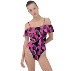 Black And Pink Camouflage Pattern Frill Detail One Piece Swimsuit by SpinnyChairDesigns