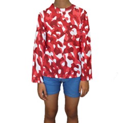 Red And White Camouflage Pattern Kids  Long Sleeve Swimwear by SpinnyChairDesigns