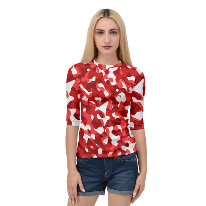 Red and White Camouflage Pattern Quarter Sleeve Raglan Tee