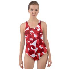 Red And White Camouflage Pattern Cut-out Back One Piece Swimsuit by SpinnyChairDesigns