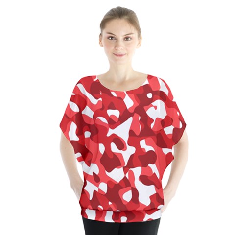 Red And White Camouflage Pattern Batwing Chiffon Blouse by SpinnyChairDesigns