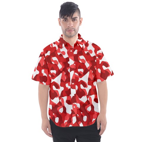 Red And White Camouflage Pattern Men s Short Sleeve Shirt by SpinnyChairDesigns