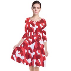 Red And White Camouflage Pattern Quarter Sleeve Waist Band Dress by SpinnyChairDesigns