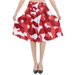 Red And White Camouflage Pattern Flared Midi Skirt by SpinnyChairDesigns