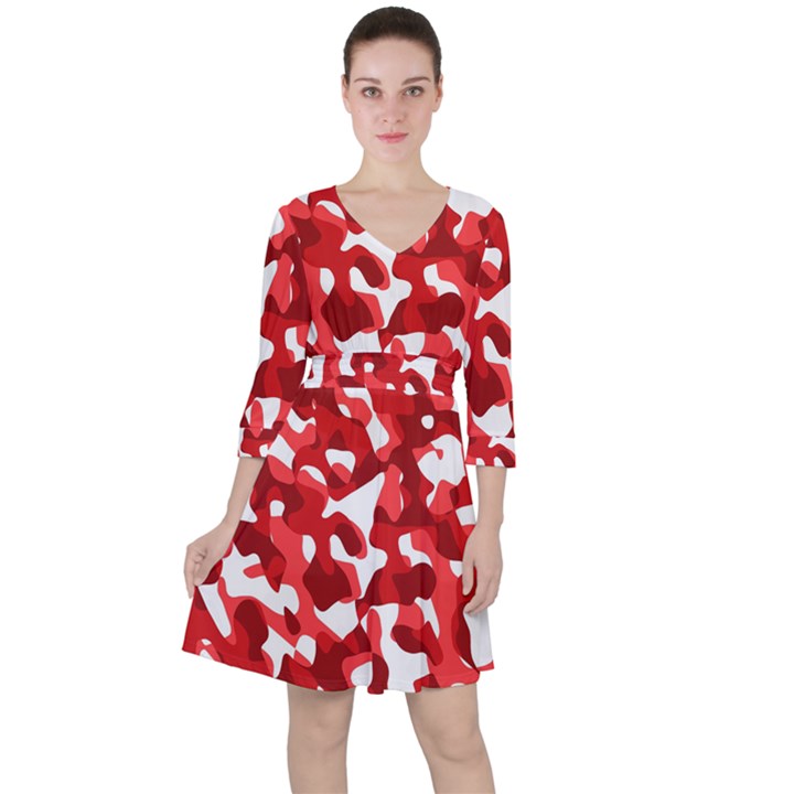 Red and White Camouflage Pattern Ruffle Dress