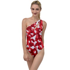 Red And White Camouflage Pattern To One Side Swimsuit by SpinnyChairDesigns