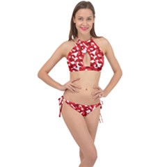 Red And White Camouflage Pattern Cross Front Halter Bikini Set by SpinnyChairDesigns