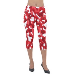 Red And White Camouflage Pattern Lightweight Velour Capri Leggings  by SpinnyChairDesigns