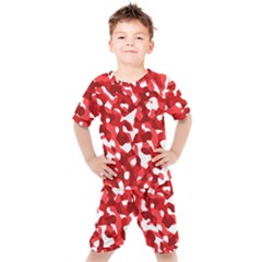 Red And White Camouflage Pattern Kids  Tee And Shorts Set by SpinnyChairDesigns