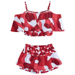 Red And White Camouflage Pattern Kids  Off Shoulder Skirt Bikini by SpinnyChairDesigns