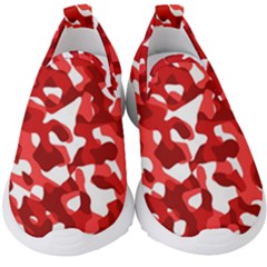 Red And White Camouflage Pattern Kids  Slip On Sneakers by SpinnyChairDesigns