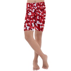 Red And White Camouflage Pattern Kids  Lightweight Velour Cropped Yoga Leggings by SpinnyChairDesigns