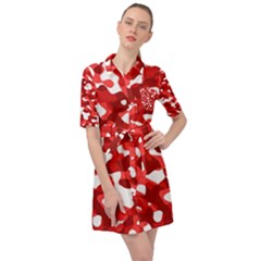 Red And White Camouflage Pattern Belted Shirt Dress by SpinnyChairDesigns