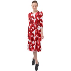 Red And White Camouflage Pattern Ruffle End Midi Chiffon Dress by SpinnyChairDesigns