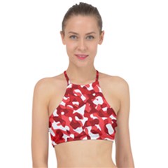 Red And White Camouflage Pattern Racer Front Bikini Top by SpinnyChairDesigns