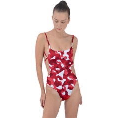 Red And White Camouflage Pattern Tie Strap One Piece Swimsuit by SpinnyChairDesigns