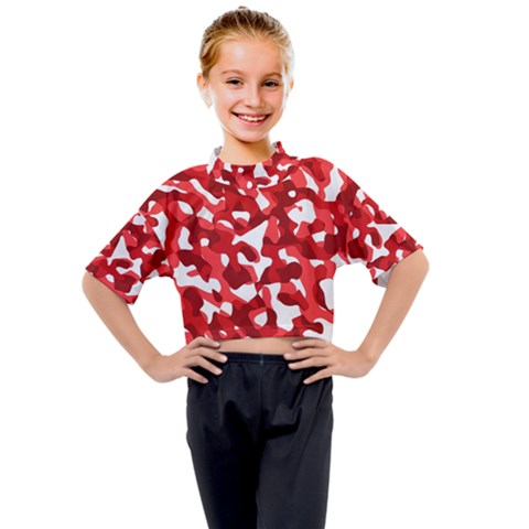 Red And White Camouflage Pattern Kids Mock Neck Tee by SpinnyChairDesigns