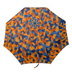 Blue And Orange Camouflage Pattern Folding Umbrellas by SpinnyChairDesigns