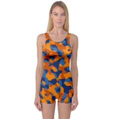 Blue And Orange Camouflage Pattern One Piece Boyleg Swimsuit by SpinnyChairDesigns