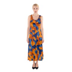 Blue And Orange Camouflage Pattern Sleeveless Maxi Dress by SpinnyChairDesigns