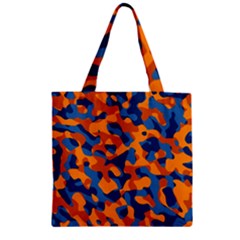 Blue And Orange Camouflage Pattern Zipper Grocery Tote Bag by SpinnyChairDesigns