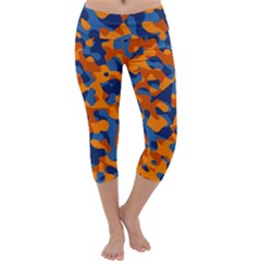 Blue And Orange Camouflage Pattern Capri Yoga Leggings by SpinnyChairDesigns