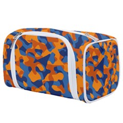 Blue And Orange Camouflage Pattern Toiletries Pouch by SpinnyChairDesigns