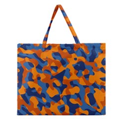 Blue And Orange Camouflage Pattern Zipper Large Tote Bag by SpinnyChairDesigns