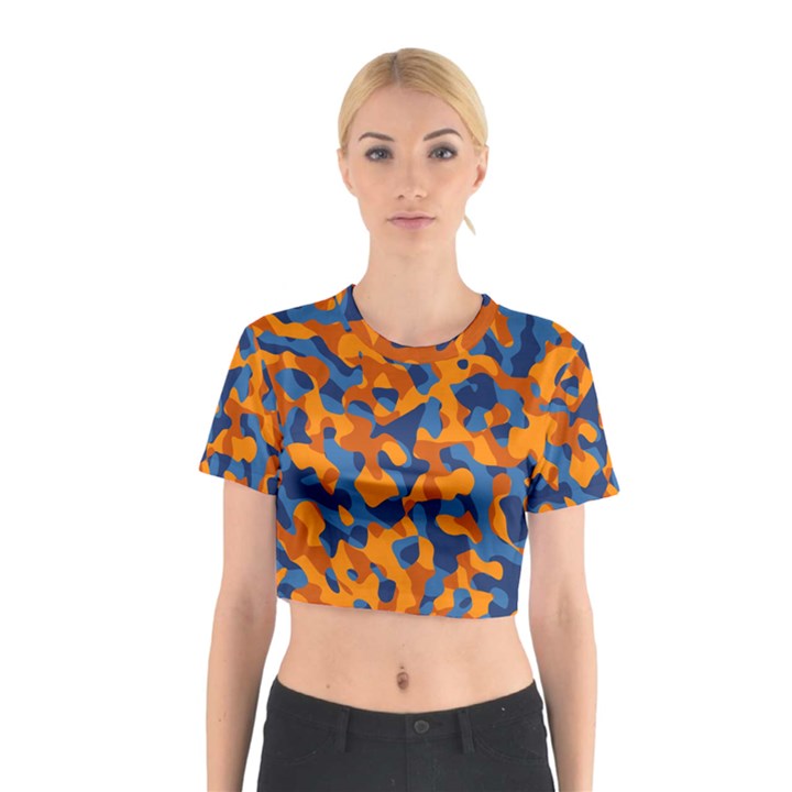 Blue and Orange Camouflage Pattern Cotton Crop Top