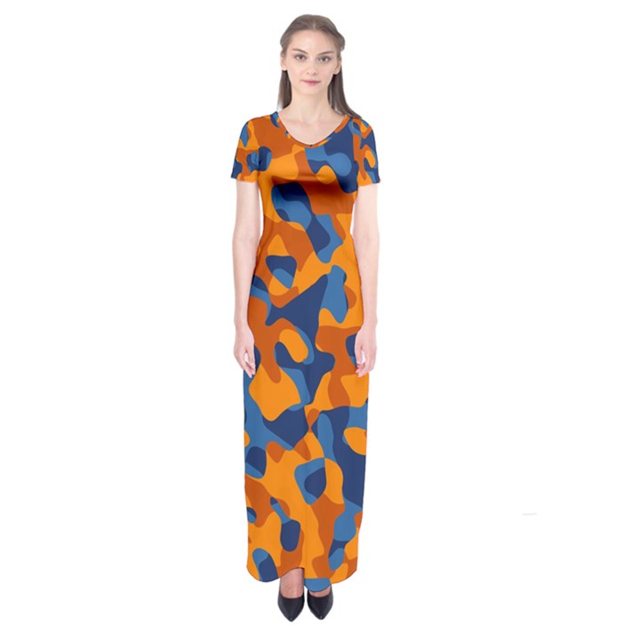 Blue and Orange Camouflage Pattern Short Sleeve Maxi Dress