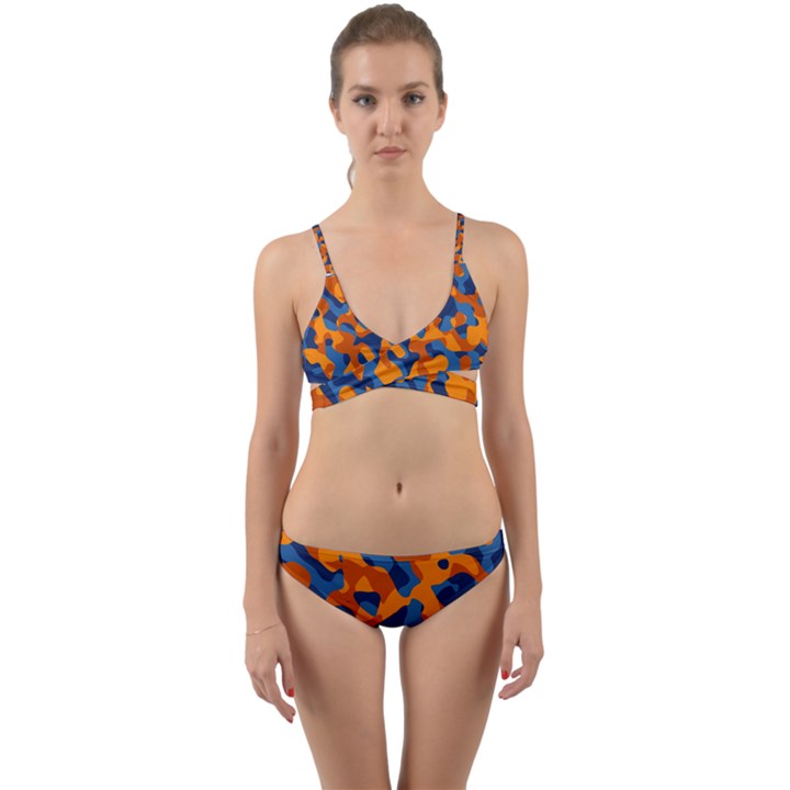 Blue and Orange Camouflage Pattern Wrap Around Bikini Set