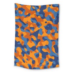 Blue And Orange Camouflage Pattern Large Tapestry by SpinnyChairDesigns