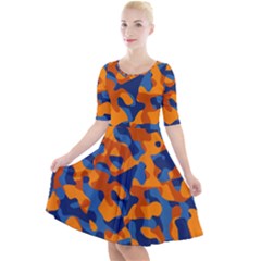 Blue And Orange Camouflage Pattern Quarter Sleeve A-line Dress by SpinnyChairDesigns